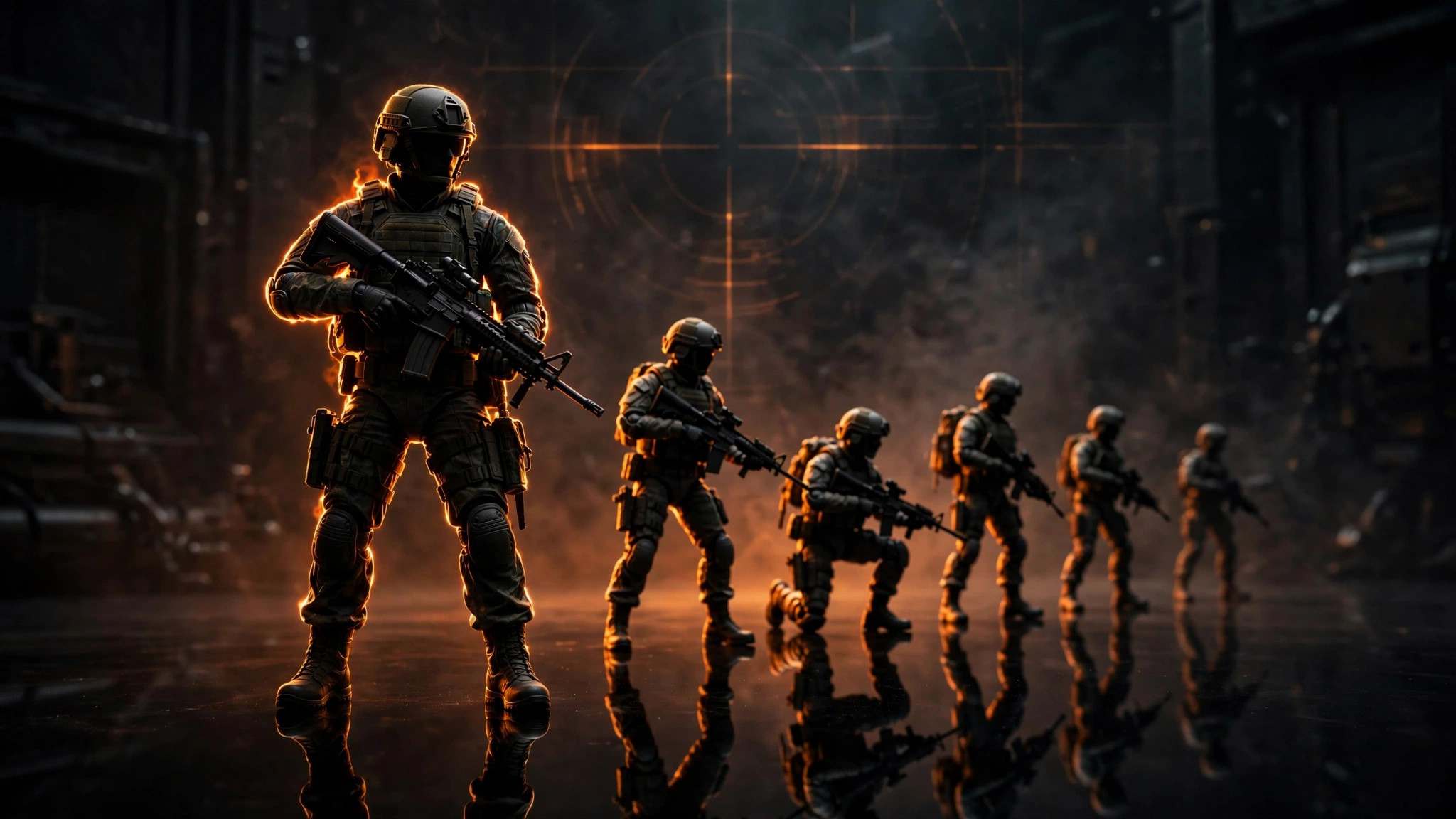 Lineup of 1/6 and 1/12 scale military action figures under tactical lighting