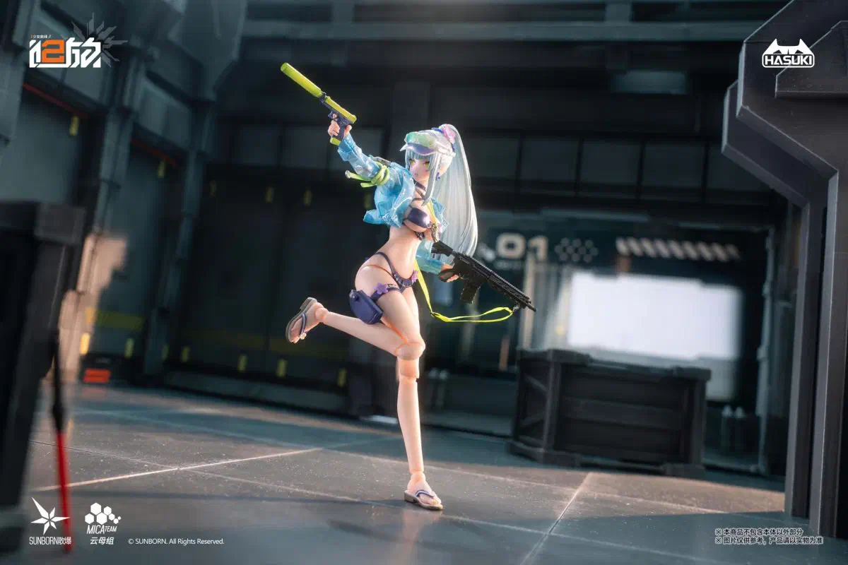 HASUKI Kelukai Azure Trail 1/12 in an action pose with the swimsuit-version rifle